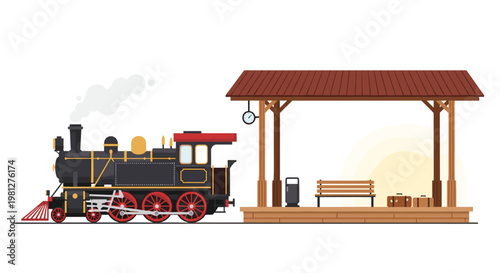 A detailed black steam engine with bright red wheels waits at a wooden station platform equipped with a simple bench and several vintage brown suitcases.