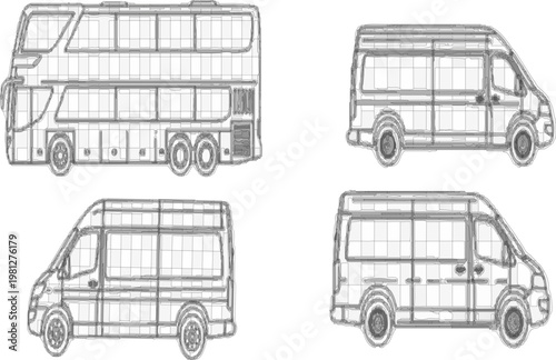 Black and white line drawing illustrations of a double decker bus and three passenger vans isolated on transparent background, isolated on white background, Vector, illustration