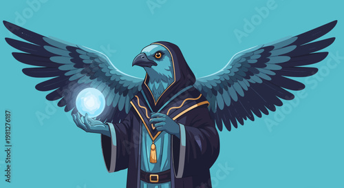 Bird wearing robe holding orb.