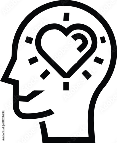 Human head profile with glowing heart illuminates mental well being and positive emotional health