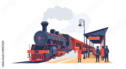 A powerful vintage steam locomotive with glowing red wheels pulls into a modern train station where passengers stand waiting under a sleek dark canopy.
