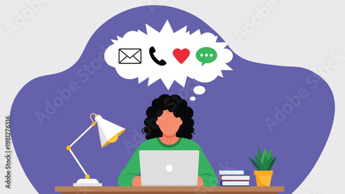 Woman overwhelmed with thoughts a digital illustration of work life stress and communication