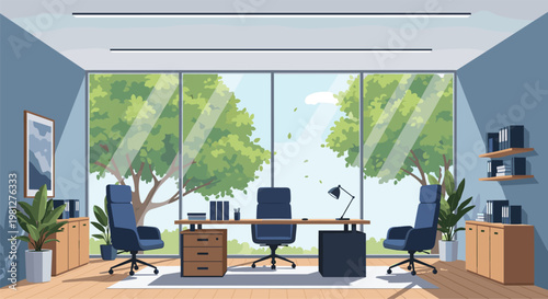 A spacious and professional modern office interior features a long wooden desk with blue ergonomic chairs facing a large window with scenic tree views.