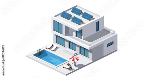 A contemporary isometric white residential house features a backyard swimming pool with a ladder and a red striped umbrella under bright sunlight.