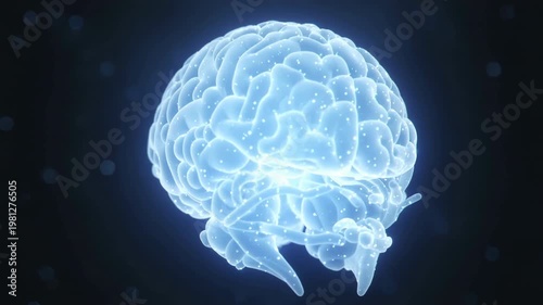 Ai Brain Glowing Particles Rotating Slowly In Dark Space. Luminous Brain Structure, Particle Rotation, And Dark Contrast Shape The Artificial Intelligence Form