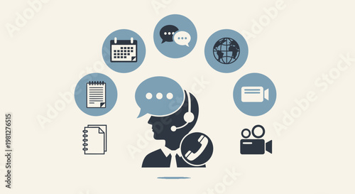 Businessman with communication icons around head.