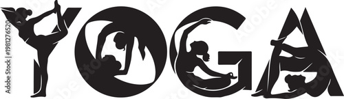 Vector art of yoga word logo with black silhouette
