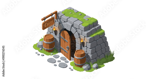 A meticulous isometric stone tavern entrance with a weathered wooden door stands amidst lush green grass and scattered rocks under bright daylight.