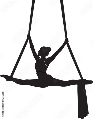 Vector art of silhouette of a woman performing aerial yoga with silk ribbons