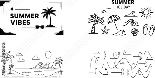 Summer vibes collection hand drawn tropical elements for beachy designs and warm weather aesthetics