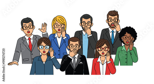 A diverse group of eight professional business people wearing formal suits display expressions of extreme shock and surprise against a white backdrop.