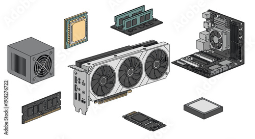 An assortment of essential high-performance computer hardware components including a motherboard and graphics card are displayed in a 3D arrangement.