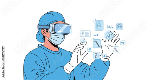 A skilled surgeon wearing blue medical scrubs and a protective mask interacts with futuristic holographic interface icons using a VR headset device.
