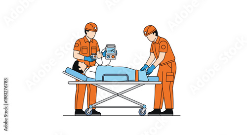 Two professional emergency rescue workers in bright orange uniforms provide urgent medical care to a patient on a mobile stretcher in a white space.
