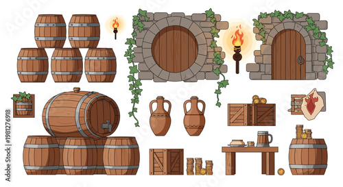 A comprehensive collection of pixel art assets including wooden barrels, ivy-covered stone doors, and flickering torches creates a detailed medieval tavern.