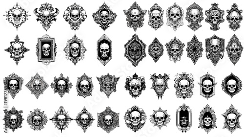 Vintage skull emblem mega collection with ornate gothic frames decorative badges tattoo style crests and detailed symbols for branding posters and halloween art