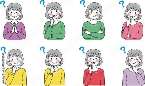 Confused Woman Cartoon Character Set with Different Thinking Poses and Question Marks Expression Illustration Collection for Decision Making Concept Design