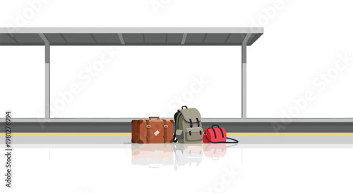 A brown vintage suitcase alongside a gray backpack and a red duffel bag sits waiting on a modern train platform under a sleek gray canopy structure.