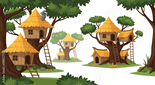 A cluster of whimsical treehouses nestled within a dense green forest canopy features multiple levels and golden thatched roofs connected by long wooden ladders.