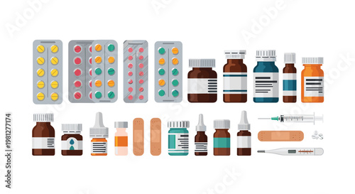 A comprehensive collection of medical supplies includes various colorful pill blister packs and dark glass medicine bottles alongside adhesive bandages and tools.