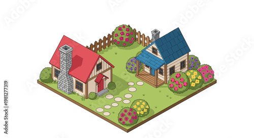 A charming pixel art scene depicts two cozy cottages with red and blue roofs nestled within a green garden filled with colorful flowering bushes.