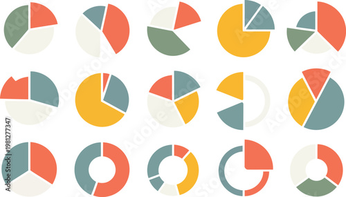 Картината върху платно Pie Chart Icon Set Featuring Colorful Circle Diagrams with 1, 2, 3, 4, and 5 Seg