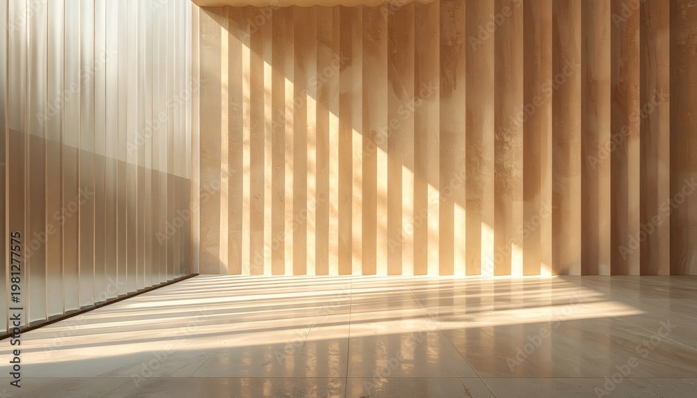Fototapeta premium Sunlight casting shadows on wood slatted wall interior