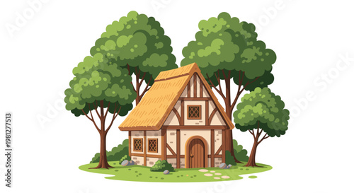 A charming medieval cottage featuring a textured thatched roof and timber framing sits nestled among lush green deciduous trees on a pristine white background.
