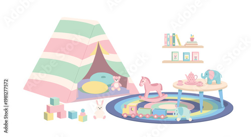 A whimsical child's playroom features a striped teepee tent, a rocking horse, and various toys in soft pastel colors against a pristine white background.