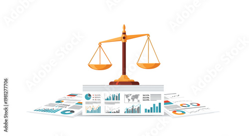 Elegant golden scales of justice are balanced perfectly on a pile of professional financial reports and data charts against a pure white background.