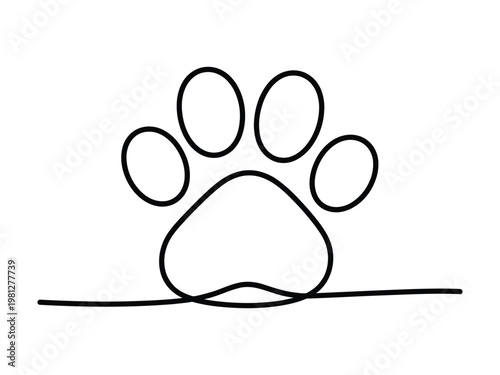 A simple black line drawing of a dog or cat paw print with toes and pad on a clean white background isolated