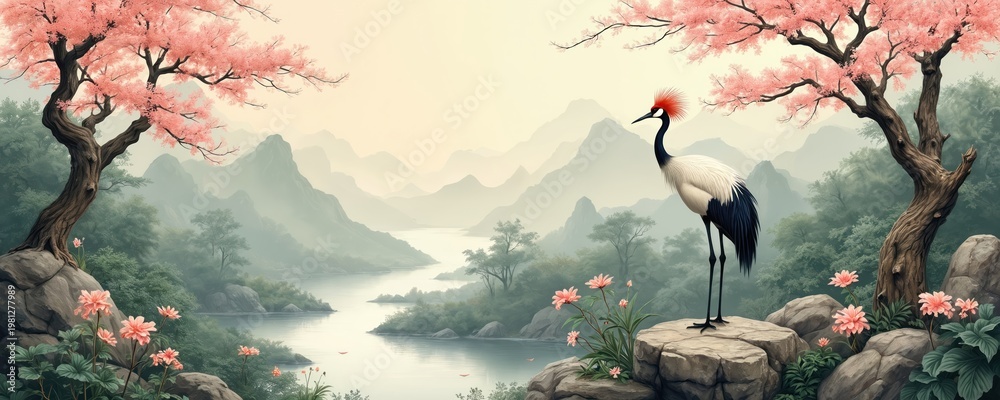 Naklejka premium Elegant crane stands on rock by pink flowering tree and misty mountains. Serene landscape with river and forest evokes peace. Gentle spring nature scene, birds in garden.