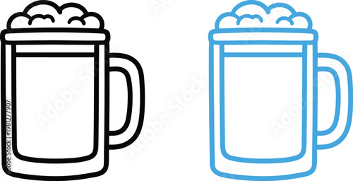 Two line art illustrations of a mug of beer with foam black and blue versions