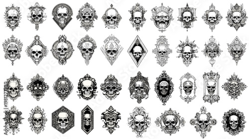 Vintage skull badge collection with ornate gothic ornaments decorative frames tattoo inspired crests and dark emblem elements for labels posters and branding