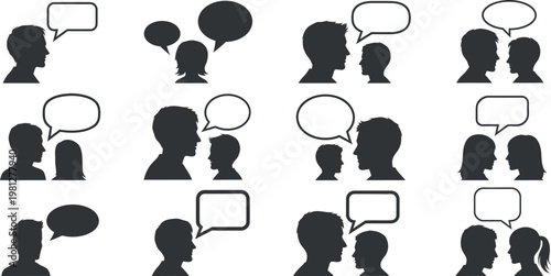 Illustrations of various communication and conversation scenarios between people