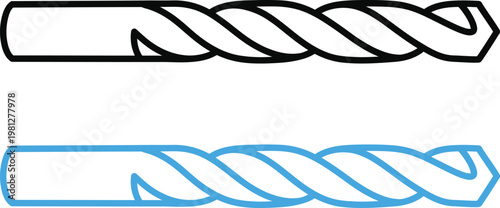 Technical illustration of a drill bit black and white and color renderings
