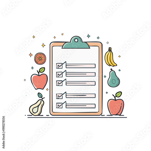 Personalized nutrition checklist for healthy eating habits and wellness goals, featuring a vibrant variety of fresh fruits for a balanced diet plan illustration