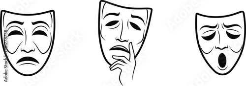 Dramatic masks of comedy and tragedy a black and white illustration of theatrical expressions