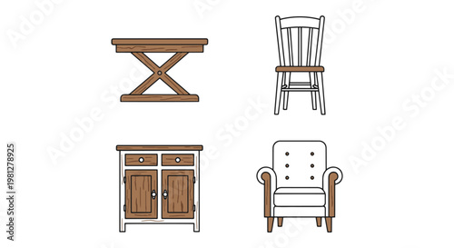 Farmhouse Furniture Line art simple colorful shapes vector
