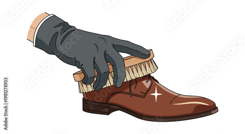A hand wearing a dark grey glove uses a wooden brush to clean a shiny brown leather dress shoe with bright highlights on a white background scene.