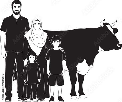 Family portrait with a cow standing beside them in a rural setting