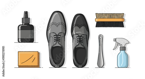 A complete shoe care set features grey leather brogue shoes alongside a black polish bottle and a wooden brush on a clean white background illustration.