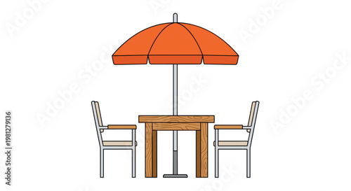 A wooden outdoor table is paired with two simple chairs and shaded by a large orange umbrella against a clean white background in a flat illustration.