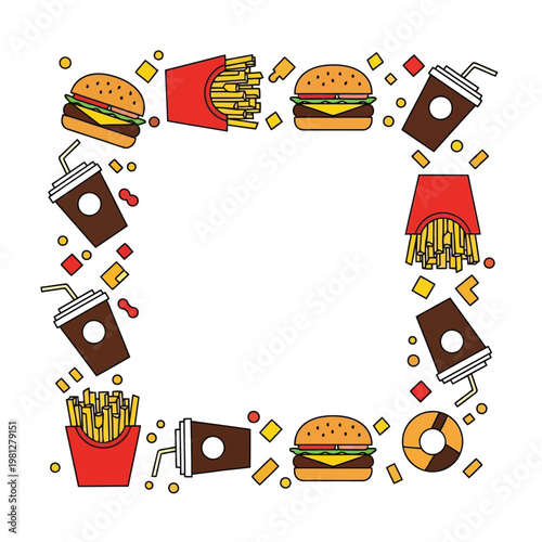 A fun colorful rectangular border composed of popular fast food items like burgers, fries, and sodas.