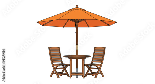 A round wooden table is surrounded by two slatted folding chairs under a large orange sun umbrella with a central pole on a white background illustration.