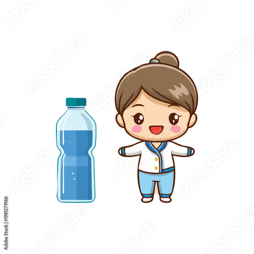 Cute cartoon girl promoting healthy hydration with a refreshing bottle of water, illustrating good wellness habits and daily self-care routines for a vibrant lifestyle