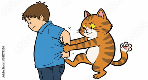 Playful cartoon ginger cat tugging at person shirt in humorous illustration for pet behavior and funny animal antics concept art with white background