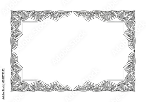 An intricate rectangular frame adorned with complex Celtic knot patterns in black and white.
