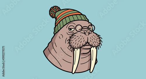 Cartoon walrus wearing green hat.