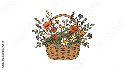 Woven wicker basket overflowing with a vibrant assortment of colorful wildflowers and green foliage